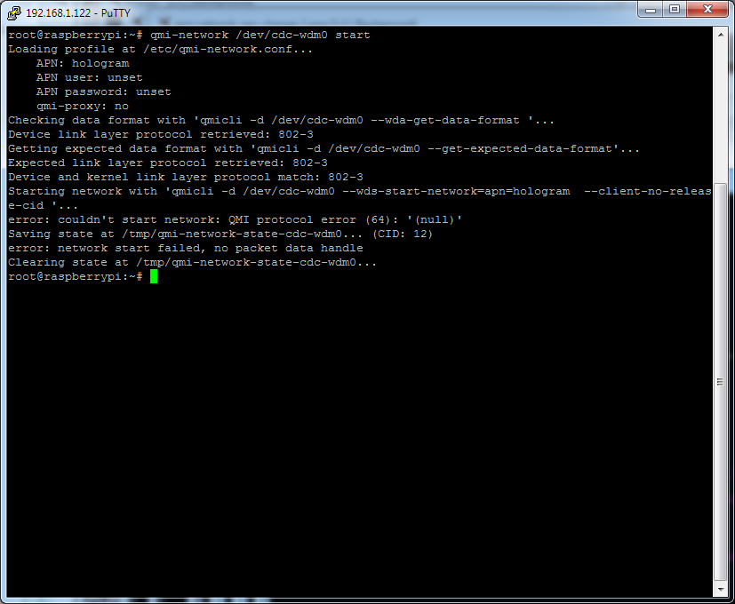 error: couldn't start network: QMI protocol error (64)  start_network() raspbian qmi-network